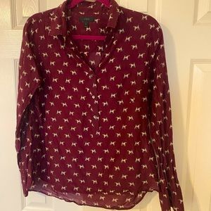 Maroon JCrew button down dog print shirt.